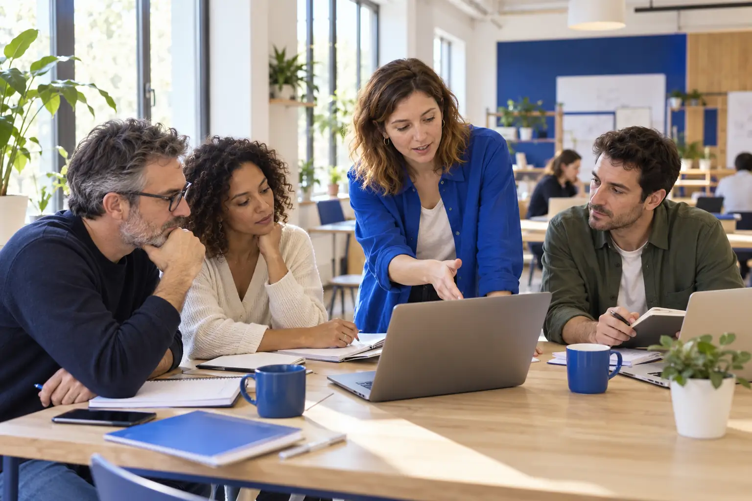 Un atelier pratique où une formatrice accompagne des adultes autour de leurs ordinateurs
